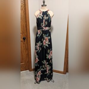 Size 6/8 floral maxi dress black halter/high neck pleated Macy's